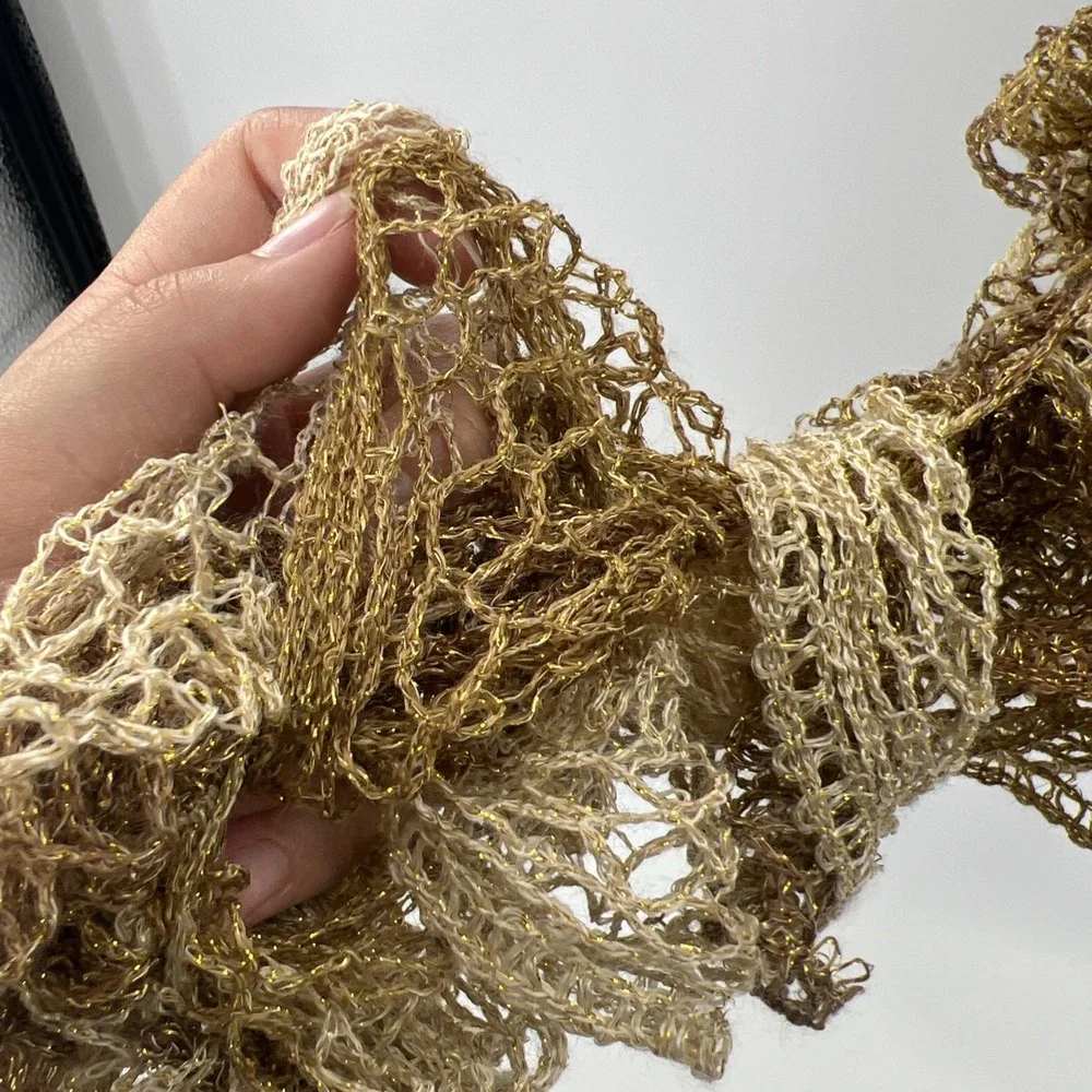 Y2K Handmade Crochet Ruffle Skinny Scarf Long Brown Oat Boho Indie Festival